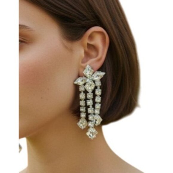 Vintage Rhinestone Clip-On Dangle Earrings Silver-Tone Sparkle Party Jewelry Ret - Picture 2 of 7